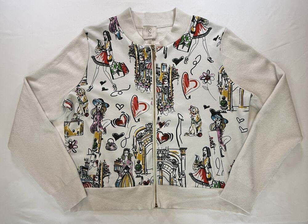 Sioni Womens Full Zip Sweater Jacket Graphic Print Collared White Multi Sz L